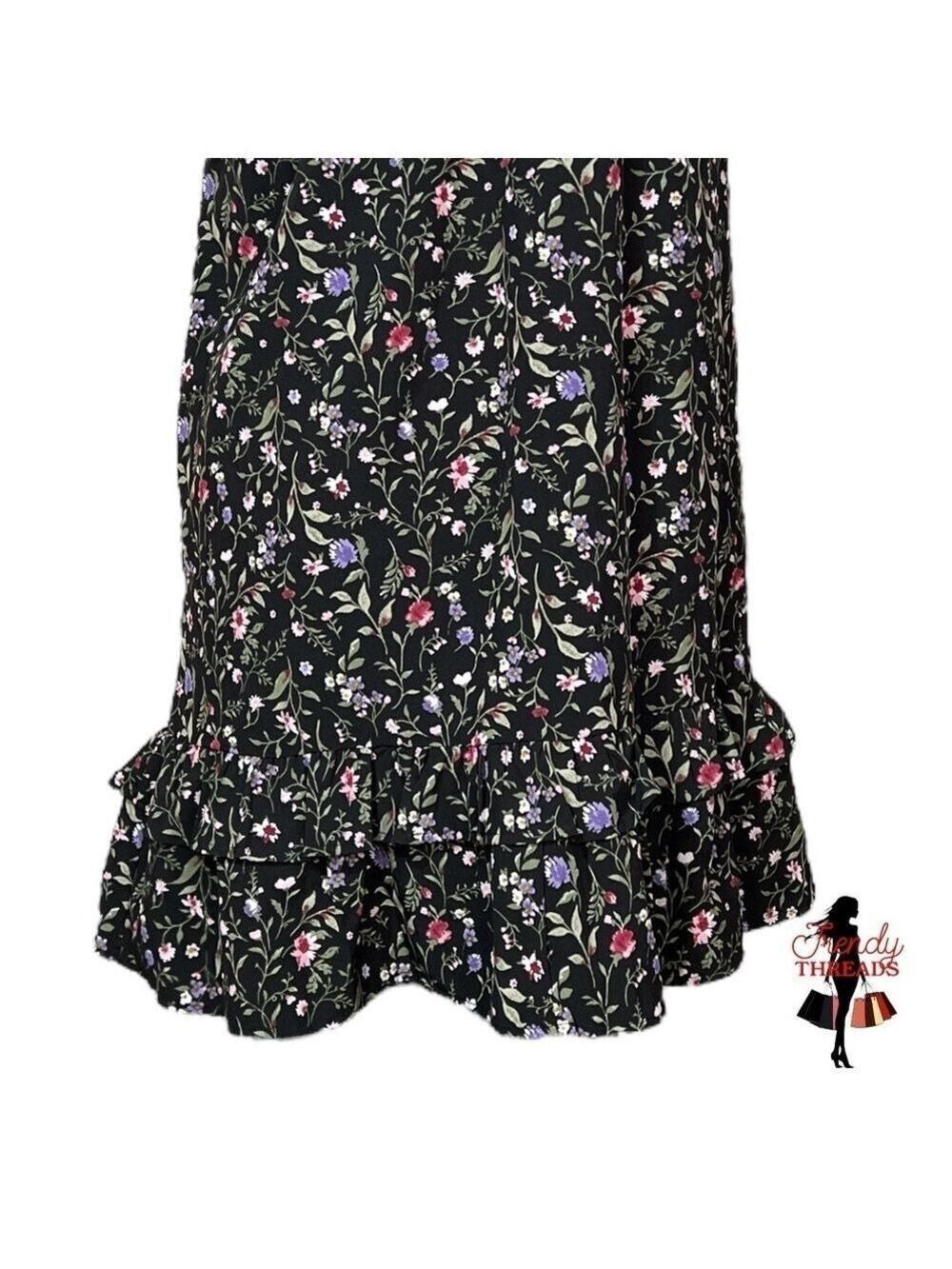 French Grey NEW One Shoulder Ruffle Dress Medium Large Dark Floral Black Boho - Picture 6 of 8